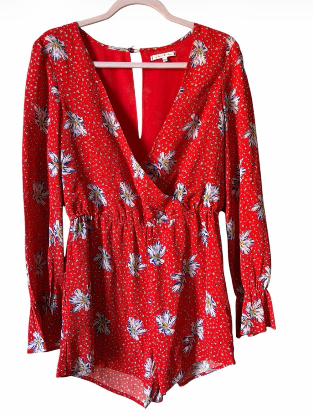 Willow & Clay Red Floral V-Neck Long Sleeve Romper